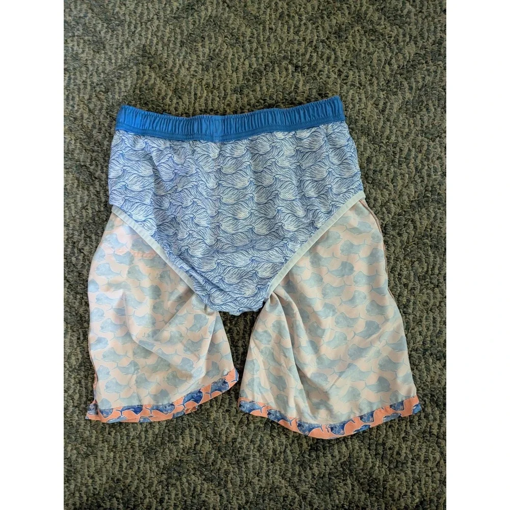 Peter Millar Seaside Mens Swim Trunks Peach Blue Mahi Mahi Fish Print Size M